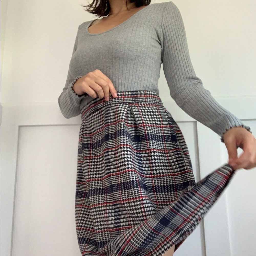 Plaid Designer Wool Skirt with Grey Long Top